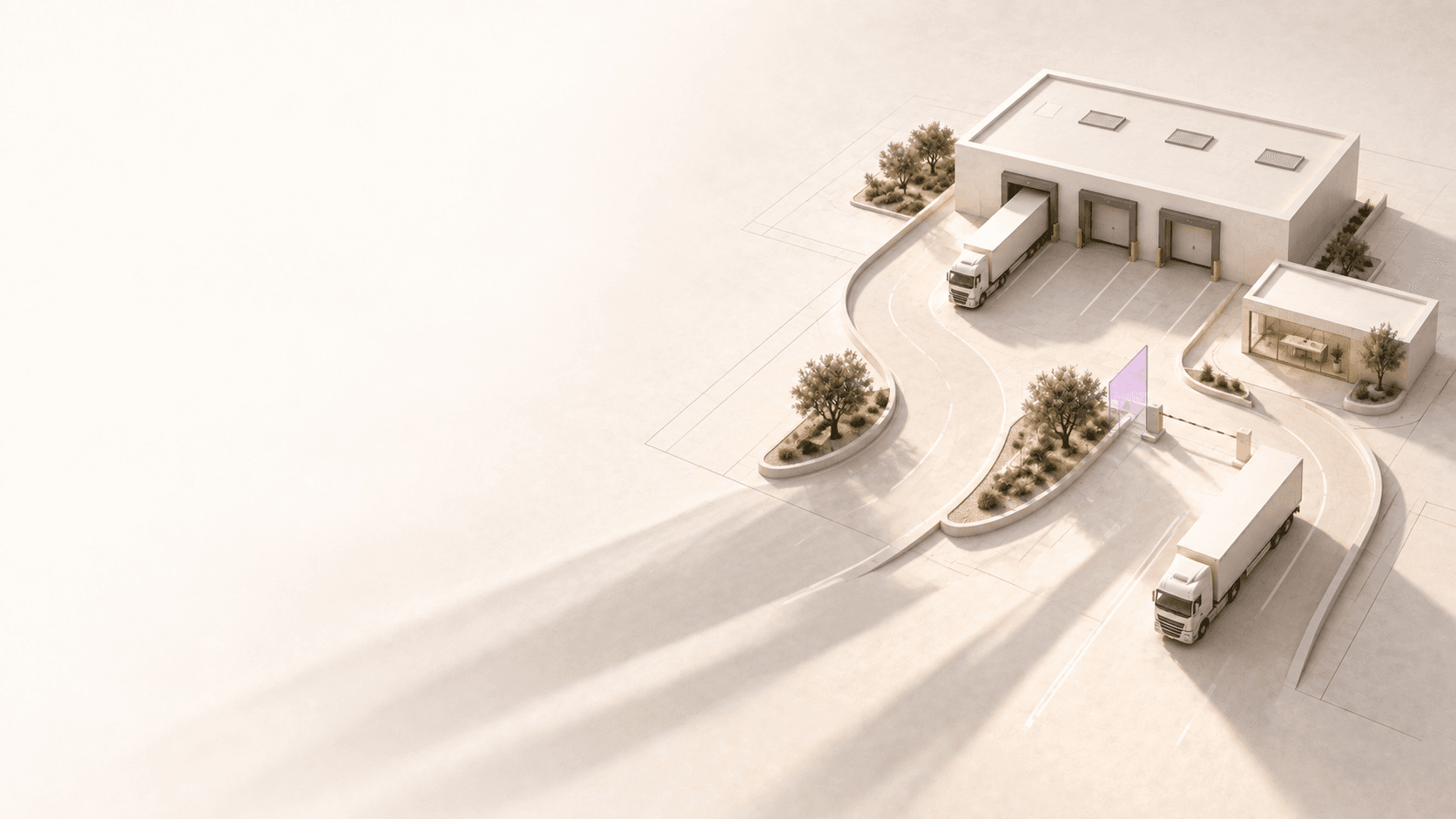 Two miniature lorries sit beside a sunlit transport depot and dispatch office.